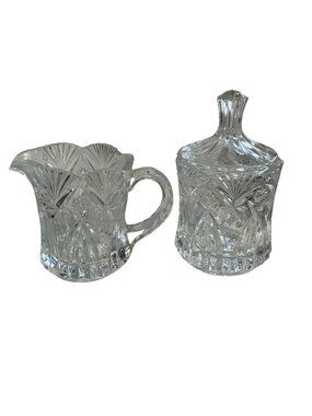 Vintage Pressed Glass Creamer Sugar Set Starburst Fan Pattern Lidded Sugar Bowl